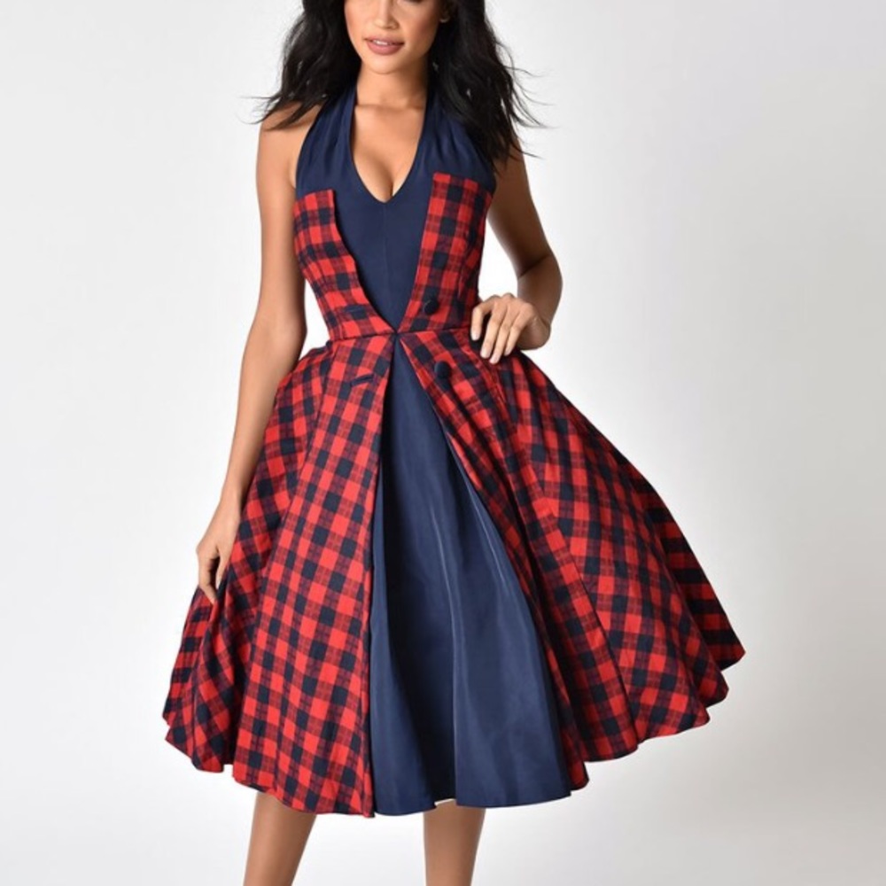 Janie Bryant Navy and Red Swing Halter Dress